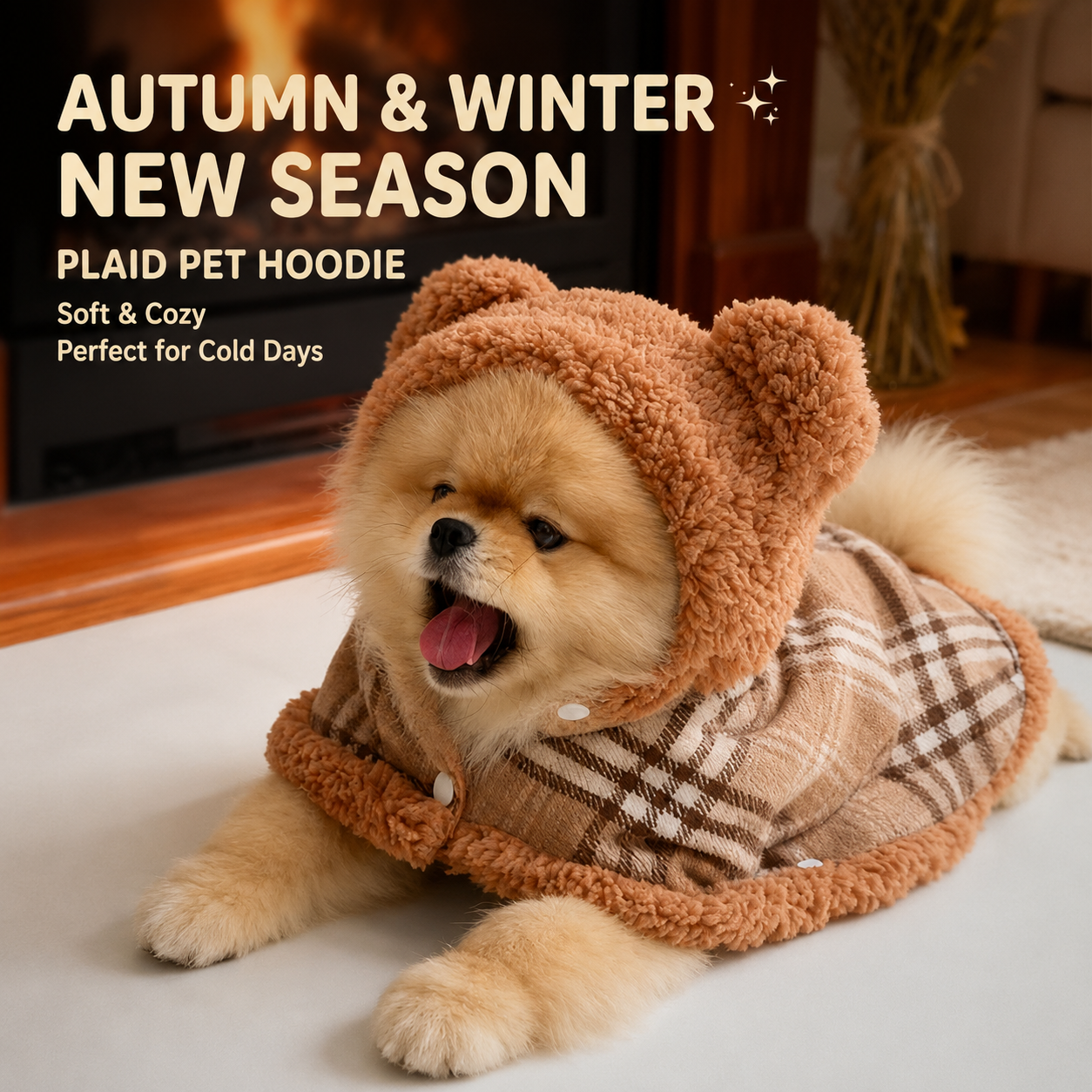 Bear Ear Plaid Pet Cape – Soft Sherpa Fleece Hooded Cloak for Small Dogs & Cats | Cozy Autumn & Winter Outfit