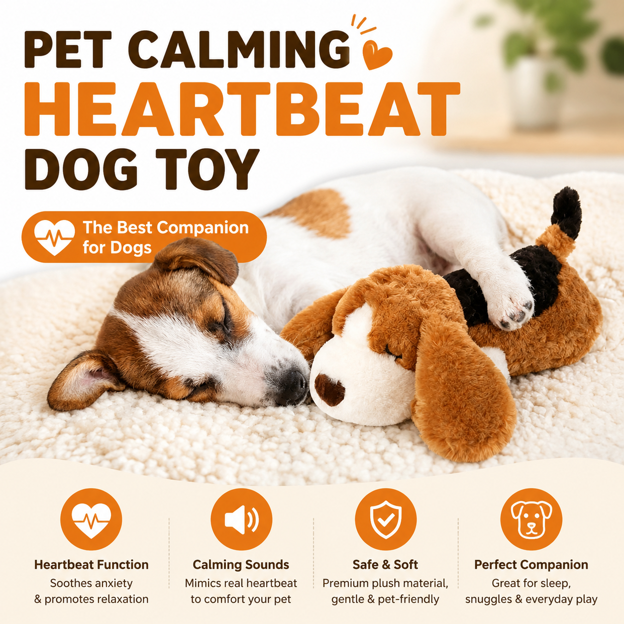 Pet Calming Heartbeat Comfort Toy – Anxiety Relief Plush for Dogs & Cats