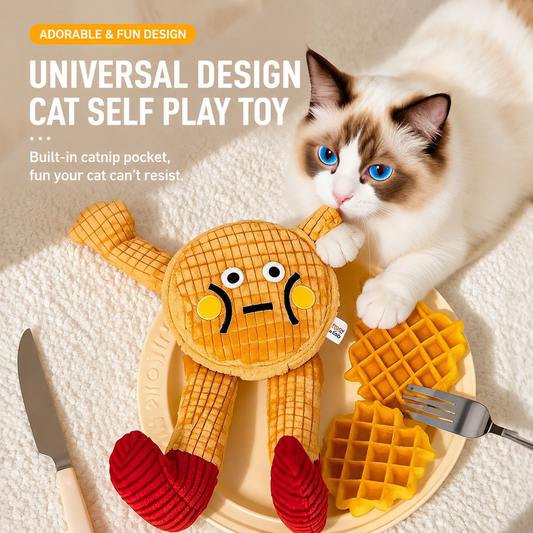 Waffle Cat Plush Toy – Interactive Catnip & Crinkle Squeaky Toy for Cats | Soft Chew & Self-Play Pet Toy