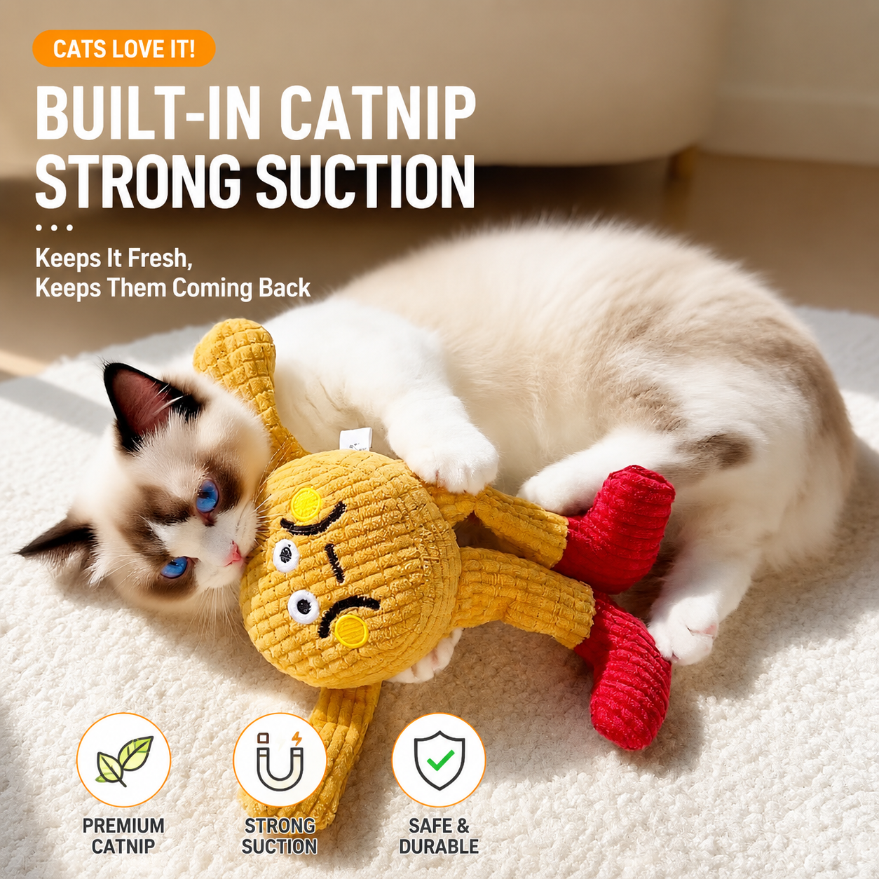 Waffle Cat Plush Toy – Interactive Catnip & Crinkle Squeaky Toy for Cats | Soft Chew & Self-Play Pet Toy