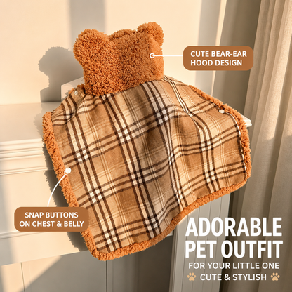 Bear Ear Plaid Pet Cape – Soft Sherpa Fleece Hooded Cloak for Small Dogs & Cats | Cozy Autumn & Winter Outfit