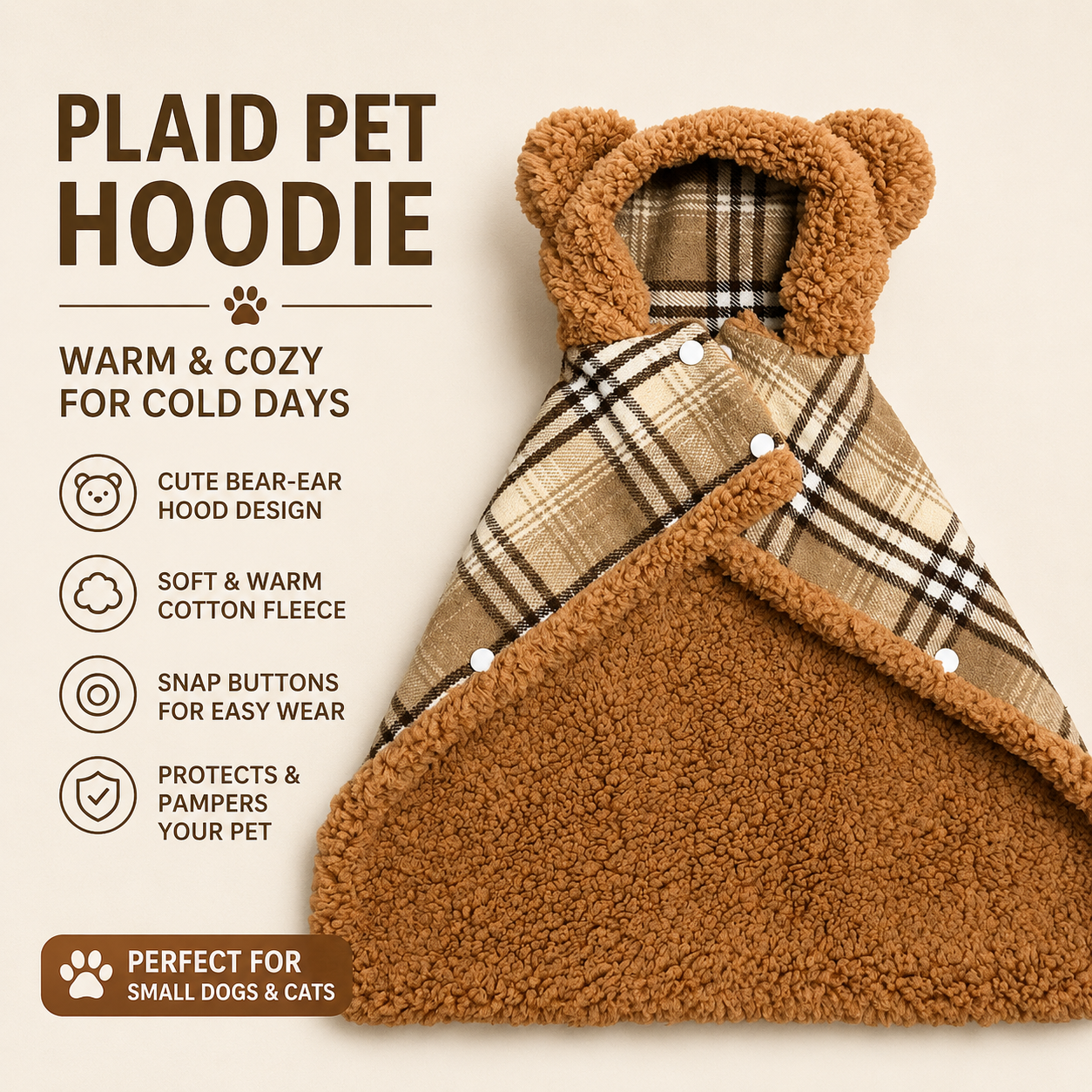 Bear Ear Plaid Pet Cape – Soft Sherpa Fleece Hooded Cloak for Small Dogs & Cats | Cozy Autumn & Winter Outfit