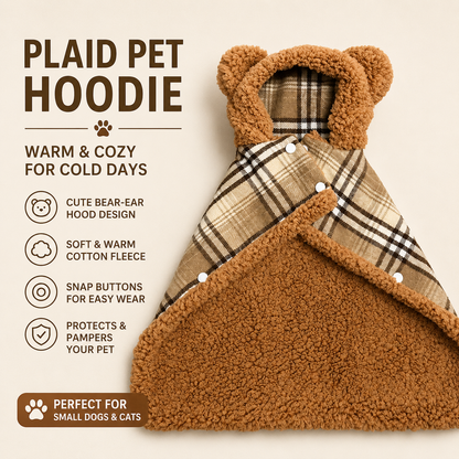 Bear Ear Plaid Pet Cape – Soft Sherpa Fleece Hooded Cloak for Small Dogs & Cats | Cozy Autumn & Winter Outfit
