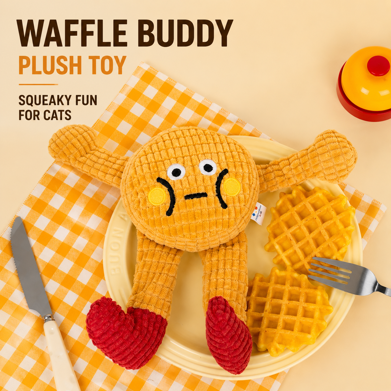 Waffle Cat Plush Toy – Interactive Catnip & Crinkle Squeaky Toy for Cats | Soft Chew & Self-Play Pet Toy