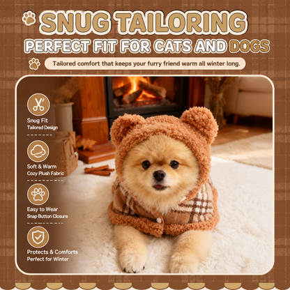 Bear Ear Plaid Pet Cape – Soft Sherpa Fleece Hooded Cloak for Small Dogs & Cats | Cozy Autumn & Winter Outfit