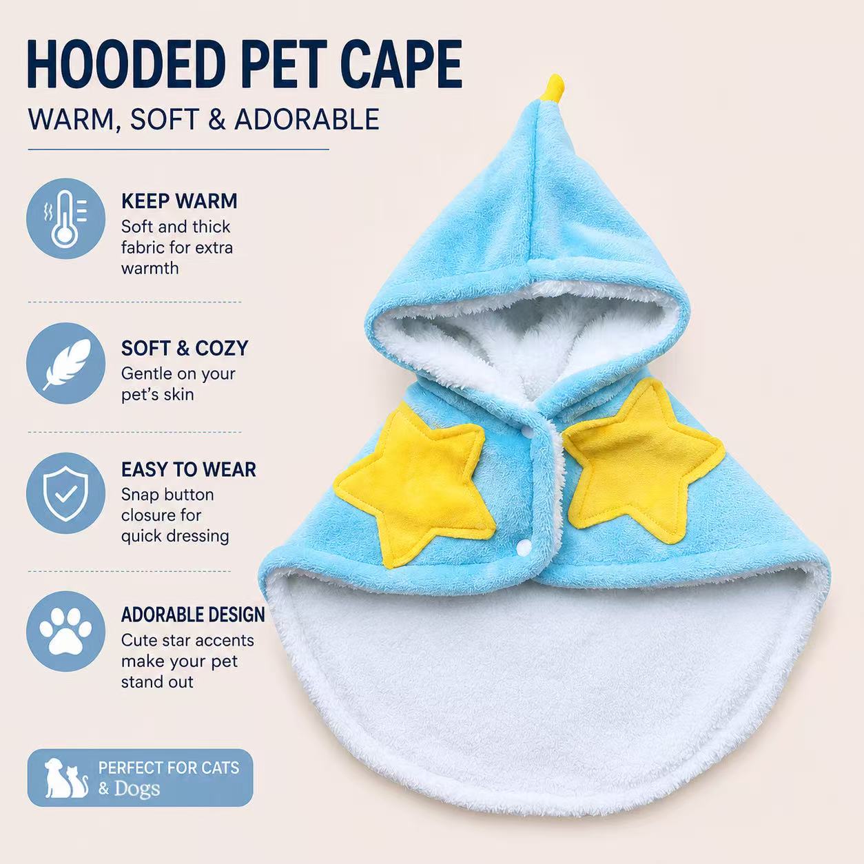 Soft Sherpa Hooded Pet Cape with Star Design – Warm Winter Cloak for Cats & Small Dogs