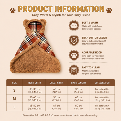 Bear Ear Plaid Pet Cape – Soft Sherpa Fleece Hooded Cloak for Small Dogs & Cats | Cozy Autumn & Winter Outfit