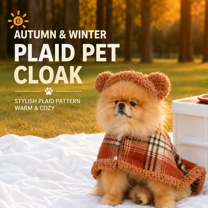 Bear Ear Plaid Pet Cape – Soft Sherpa Fleece Hooded Cloak for Small Dogs & Cats | Cozy Autumn & Winter Outfit